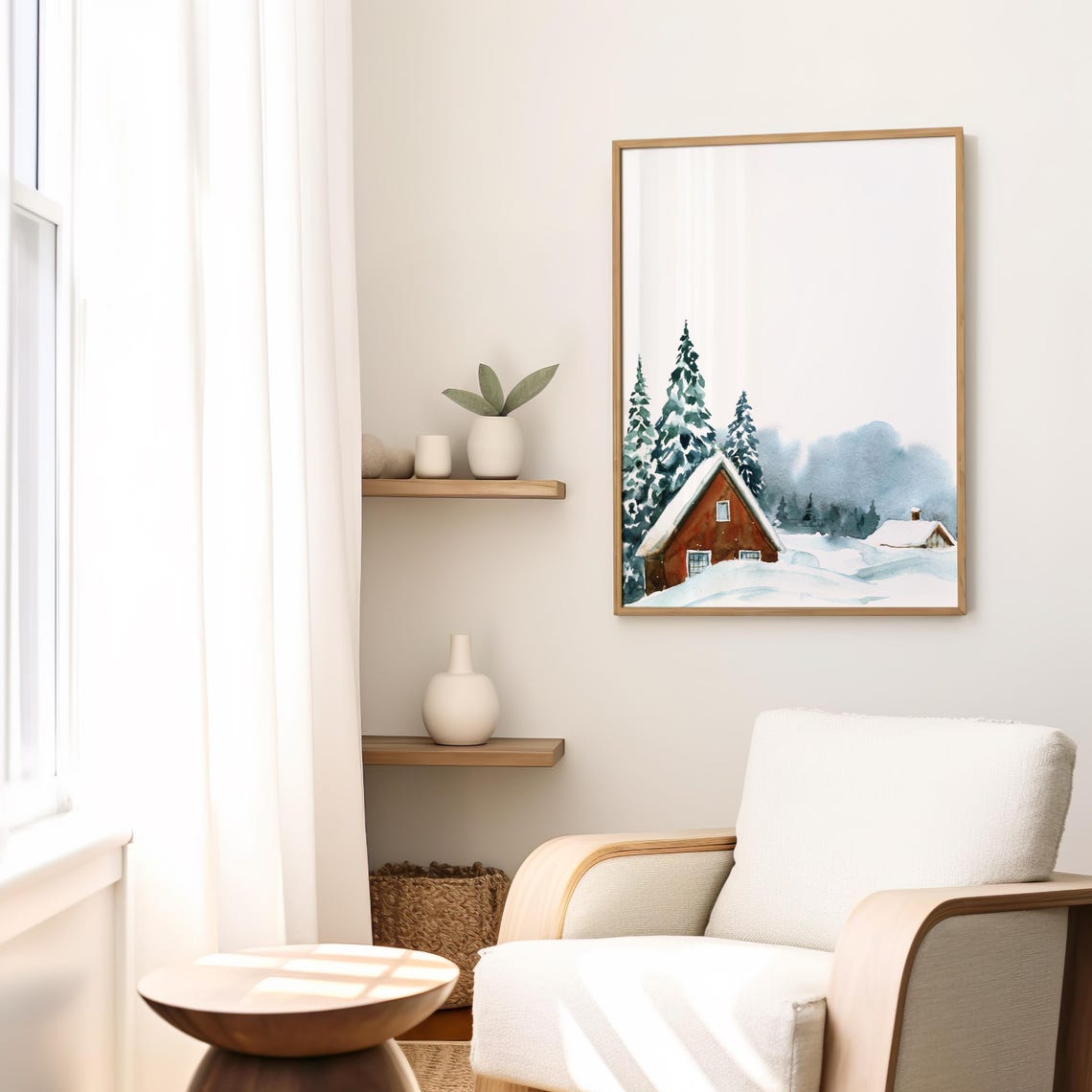Red Cabin in Snow Watercolor Poster Winter Forest Mountain Landscape - Image 2