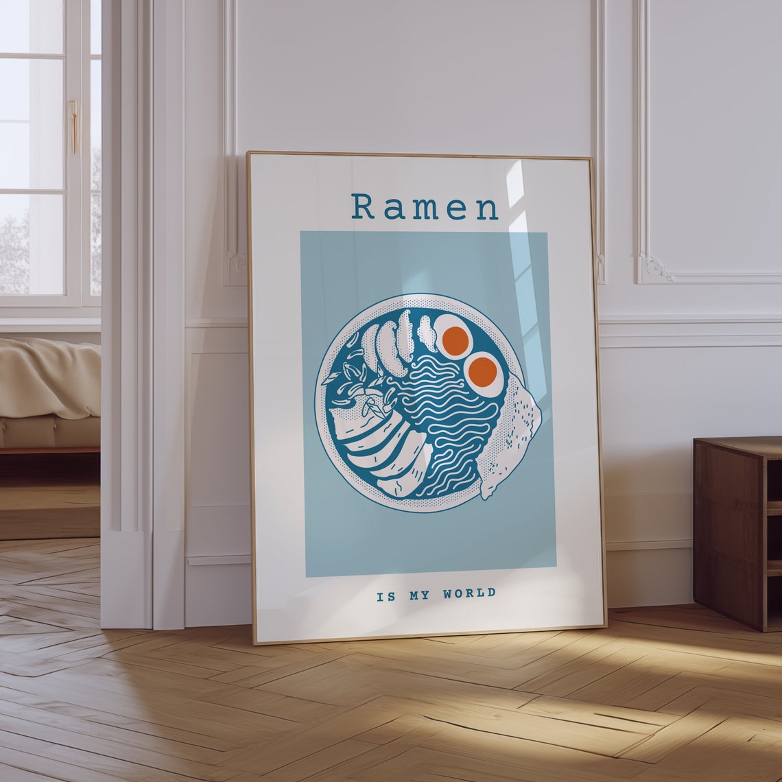 Ramen Is My World Retro Noodle Bowl Blue Illustrated Food Poster