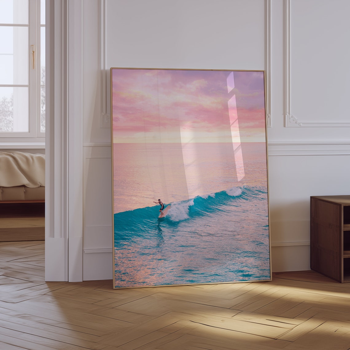 Surfer Riding Sunset Glassy Wave Pink Sky Turquoise Ocean Poster