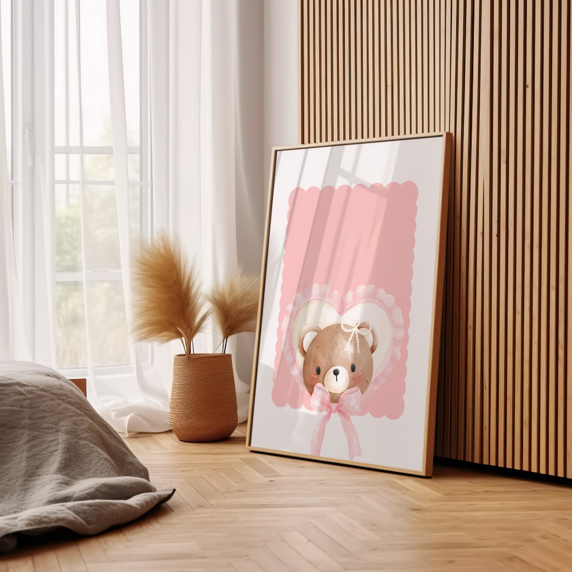 Teddy Bear Face Pink Bow Scalloped Panel Coquette Nursery Poster - Image 3