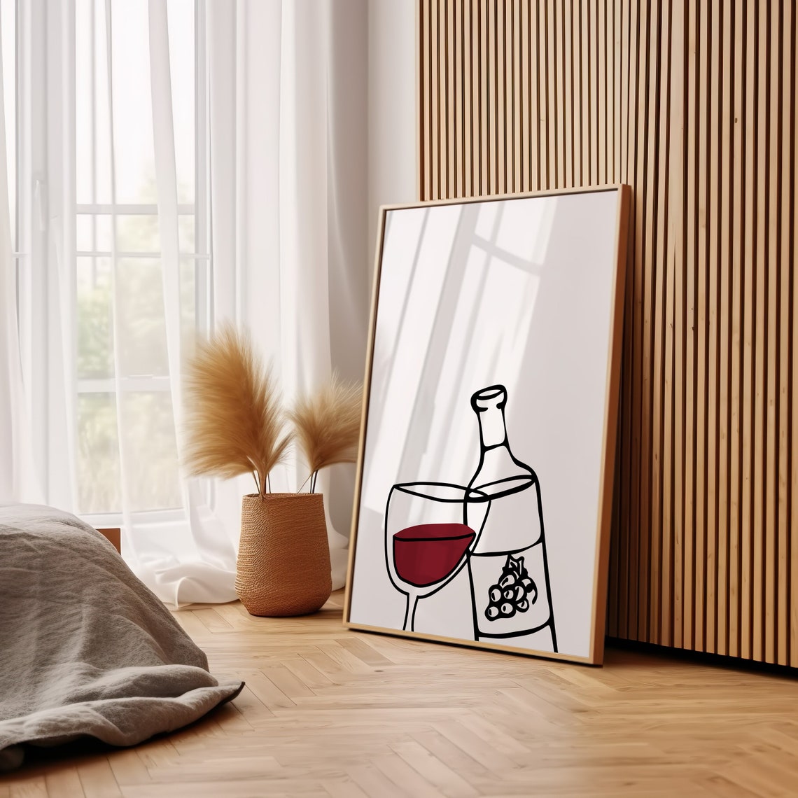 Red Wine Bottle and Glass Minimalist Black Line Art Kitchen Poster - Image 3