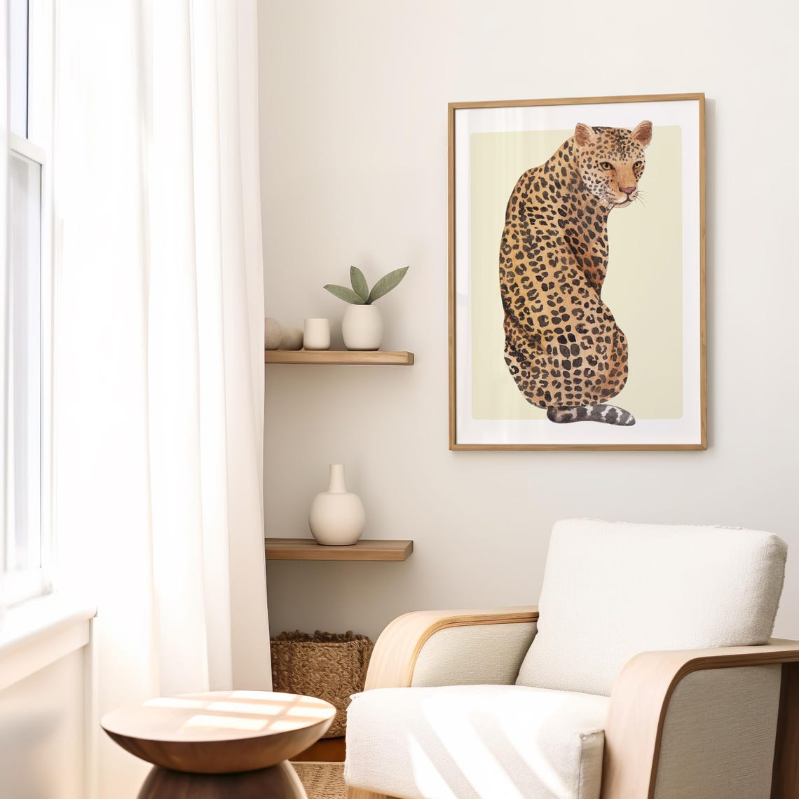 Leopard Watercolor Big Cat Sitting Sage Green Wildlife Art Poster - Image 3