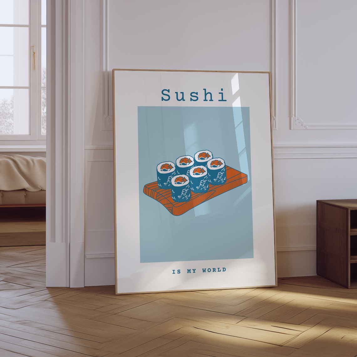 Sushi Is My World Blue Retro Maki Roll Illustrated Food Art Poster