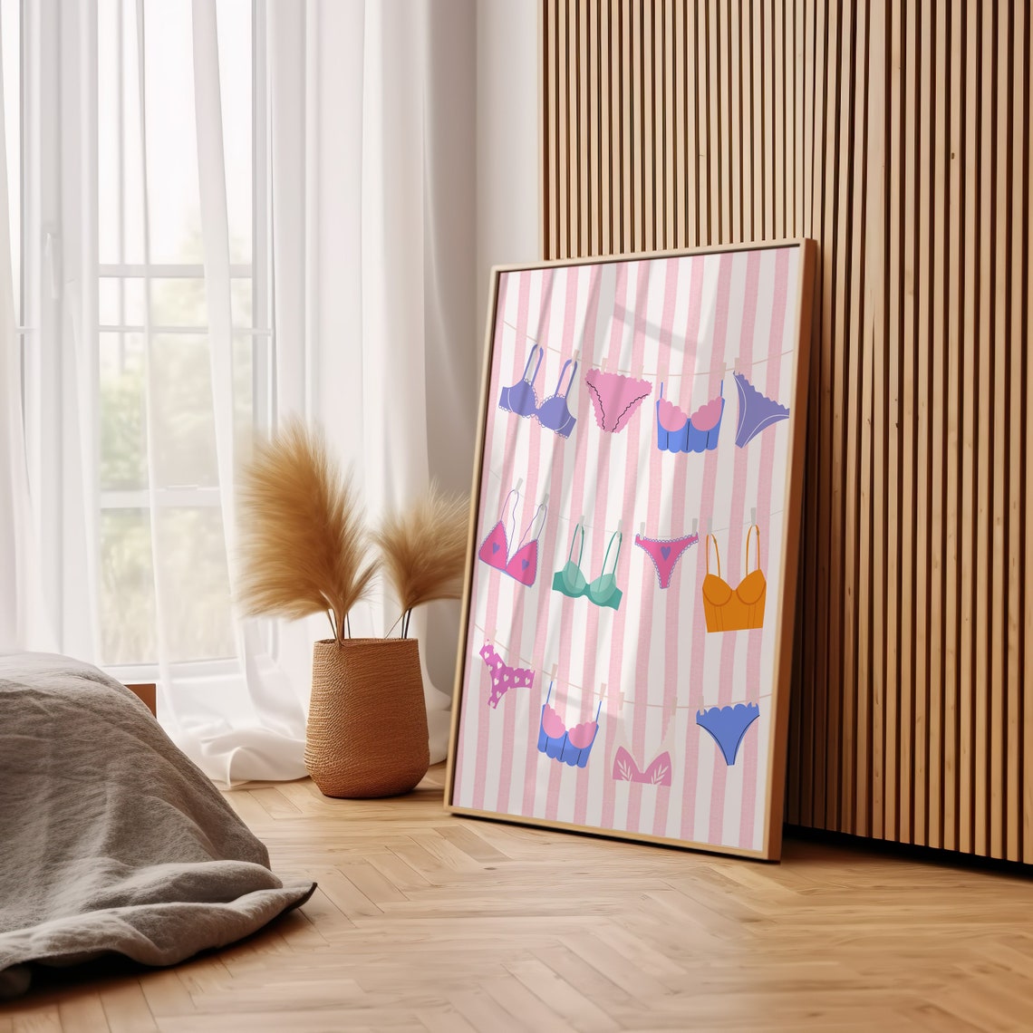 Colorful Bikinis On A Clothesline Pink Striped Laundry Art Poster - Image 3