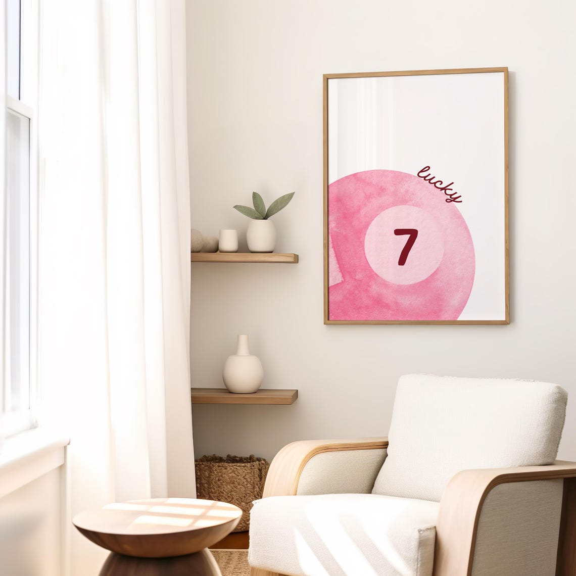 Lucky 7 Pink Watercolor Pool Ball Retro Number Seven Preppy Wall Art - Image 2