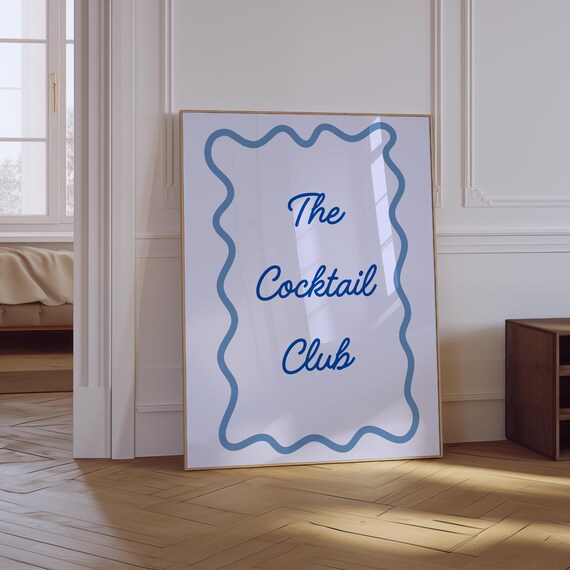 The Cocktail Club Blue Script Wavy Border Minimalist Bar Cart Print