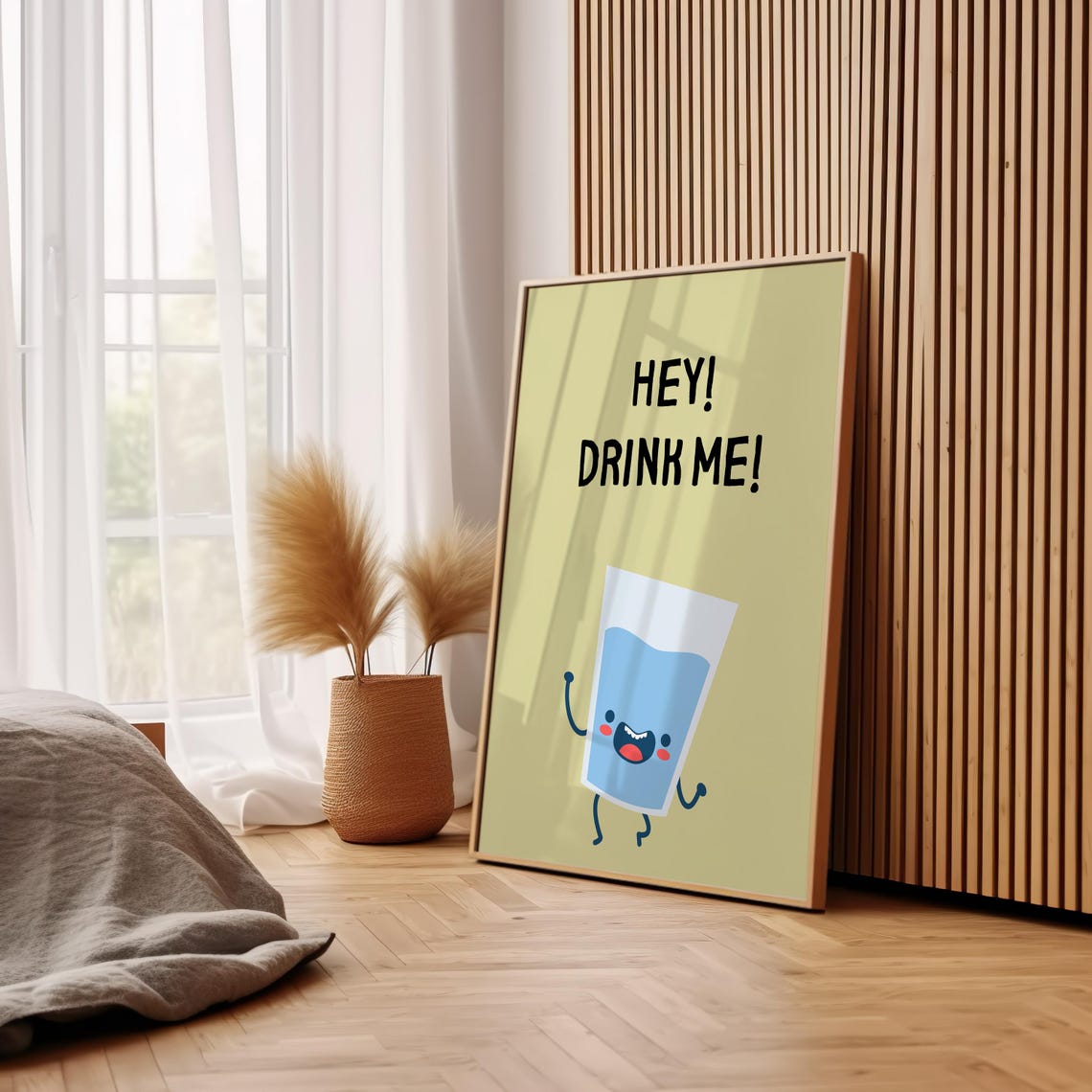 Hey Drink Me Cute Water Glass Character Kids Room Reminder Poster - Image 3
