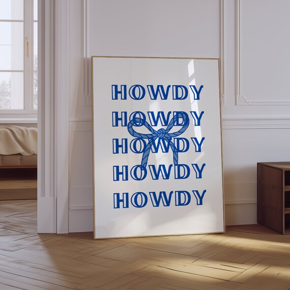 Howdy Blue Typography Western Denim Rope Bow Cowgirl Charm Poster