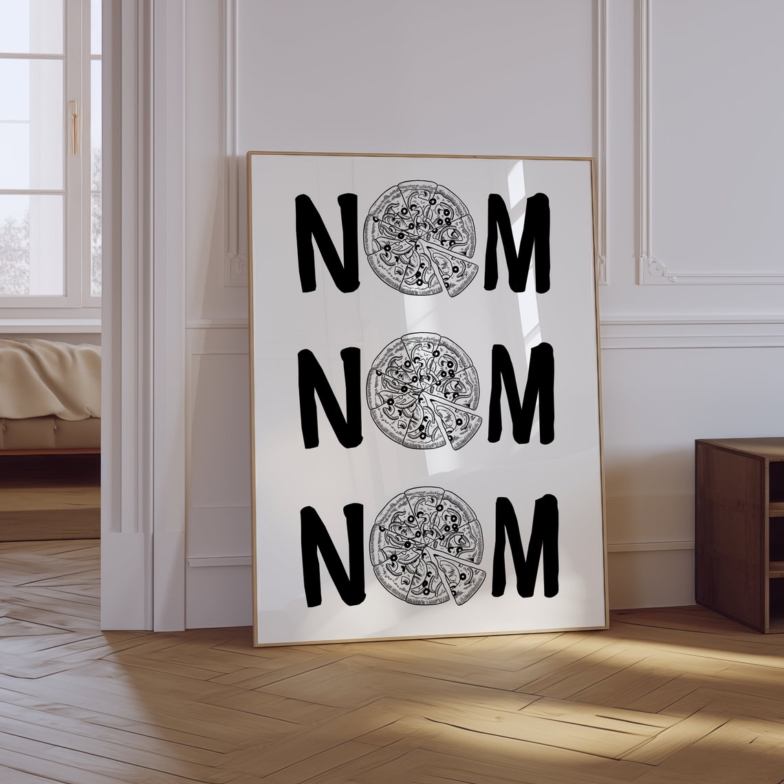 Nom Nom Nom Pizza Black Typography Fun Foodie Kitchen Wall Poster