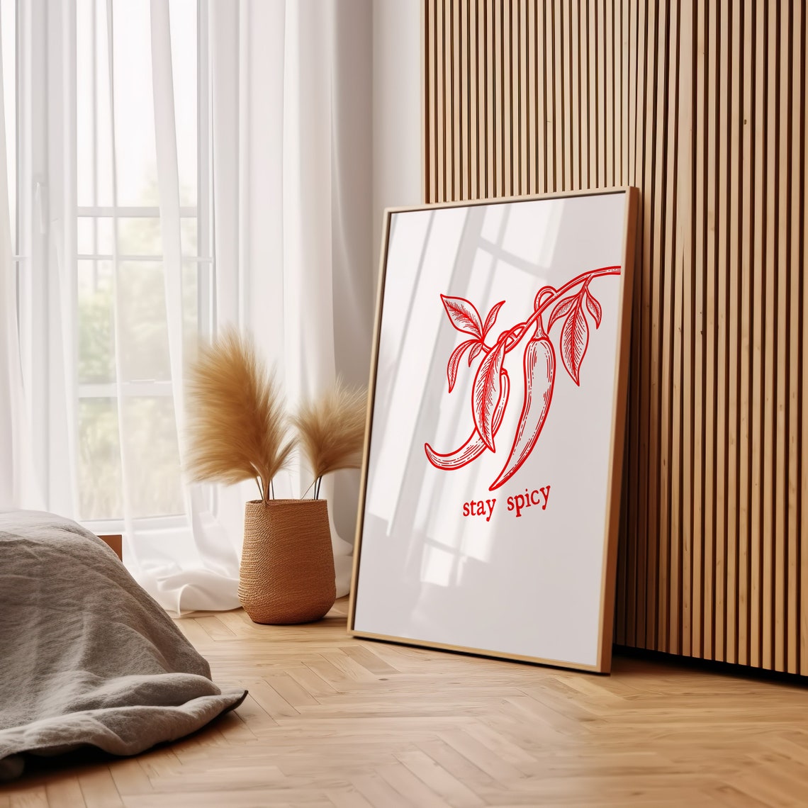 Stay Spicy Red Chili Pepper Botanical Line Art Kitchen Wall Poster - Image 3