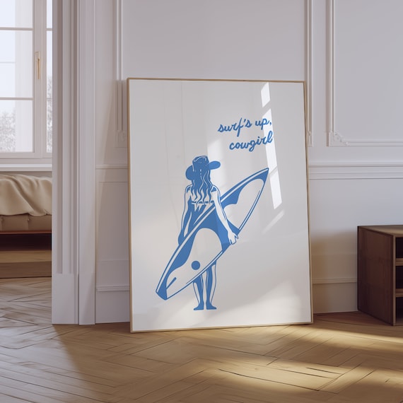Surfs Up Cowgirl Surfer Silhouette Blue Coastal Western Poster