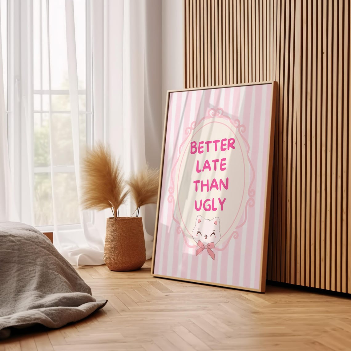 Better Late Than Ugly Pink Striped Cat Girly Typography Wall Art - Image 2