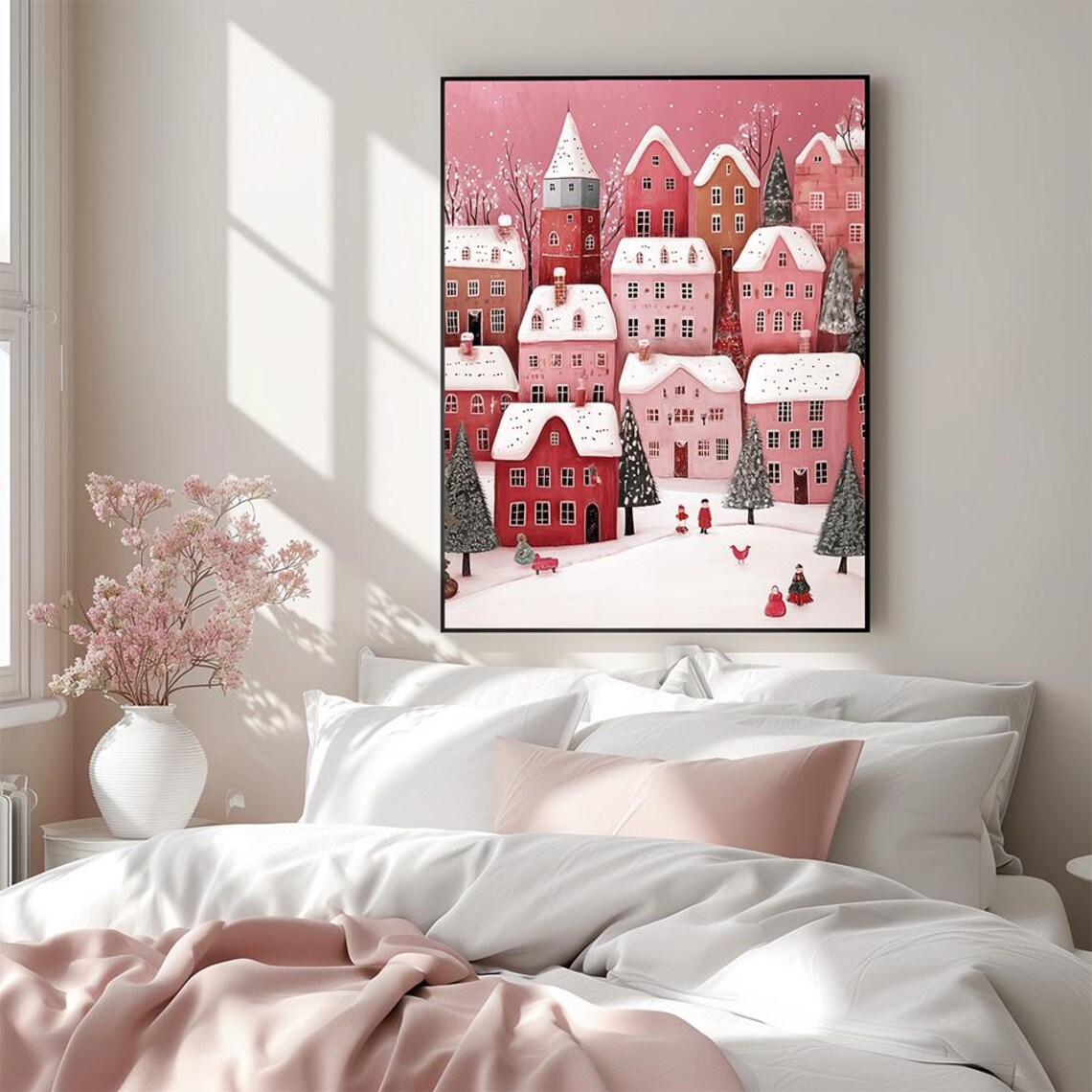 Pink Christmas Village Snowy Houses Nordic Illustration Poster - Image 3
