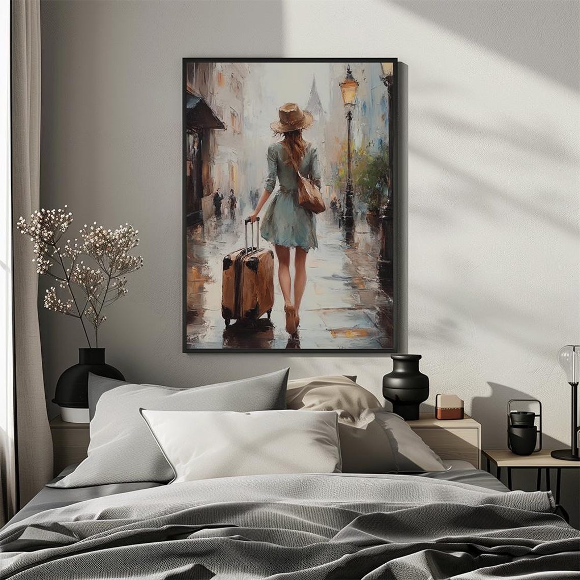 Traveler Girl In City Poster Woman Walking With Suitcase Painting Travel Inspired Art Print Urban Landscape Painting - Image 2
