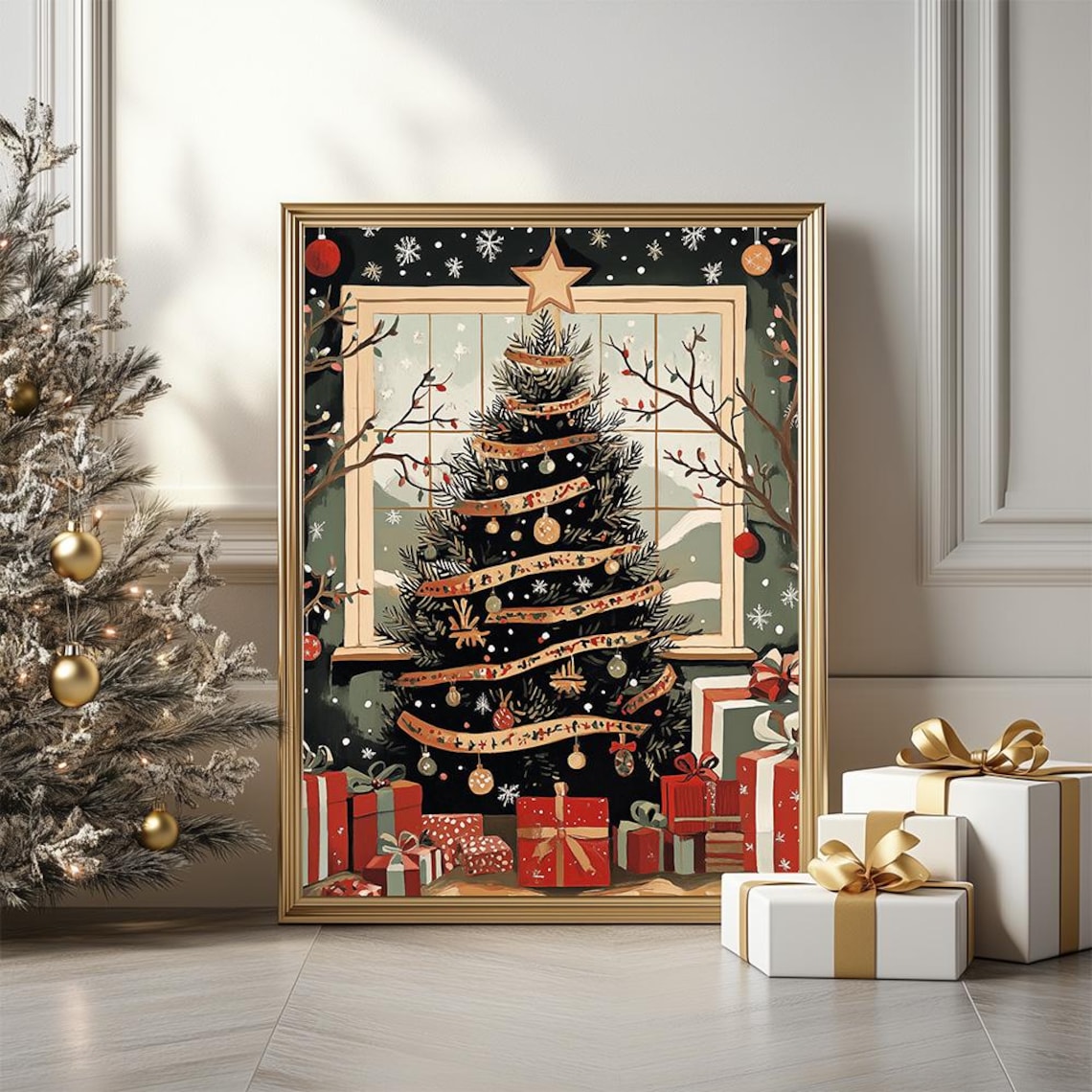 Folk Art Christmas Tree Poster With Ribbons and Gifts Under Lights