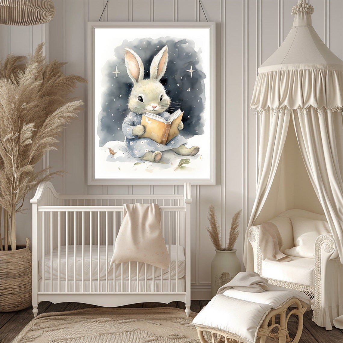 Vintage Sleepy Rabbit Nursery Print Cute Bunny Going To Sleep Wall Art Mid Century Neutral Large Poster - Image 2