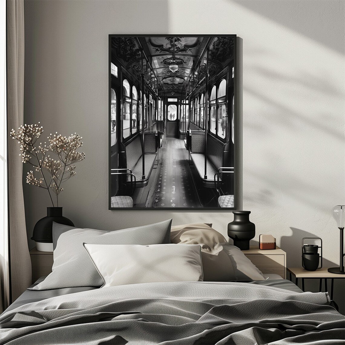 Vintage Tram Interior Black And White Photography Art Poster - Image 3