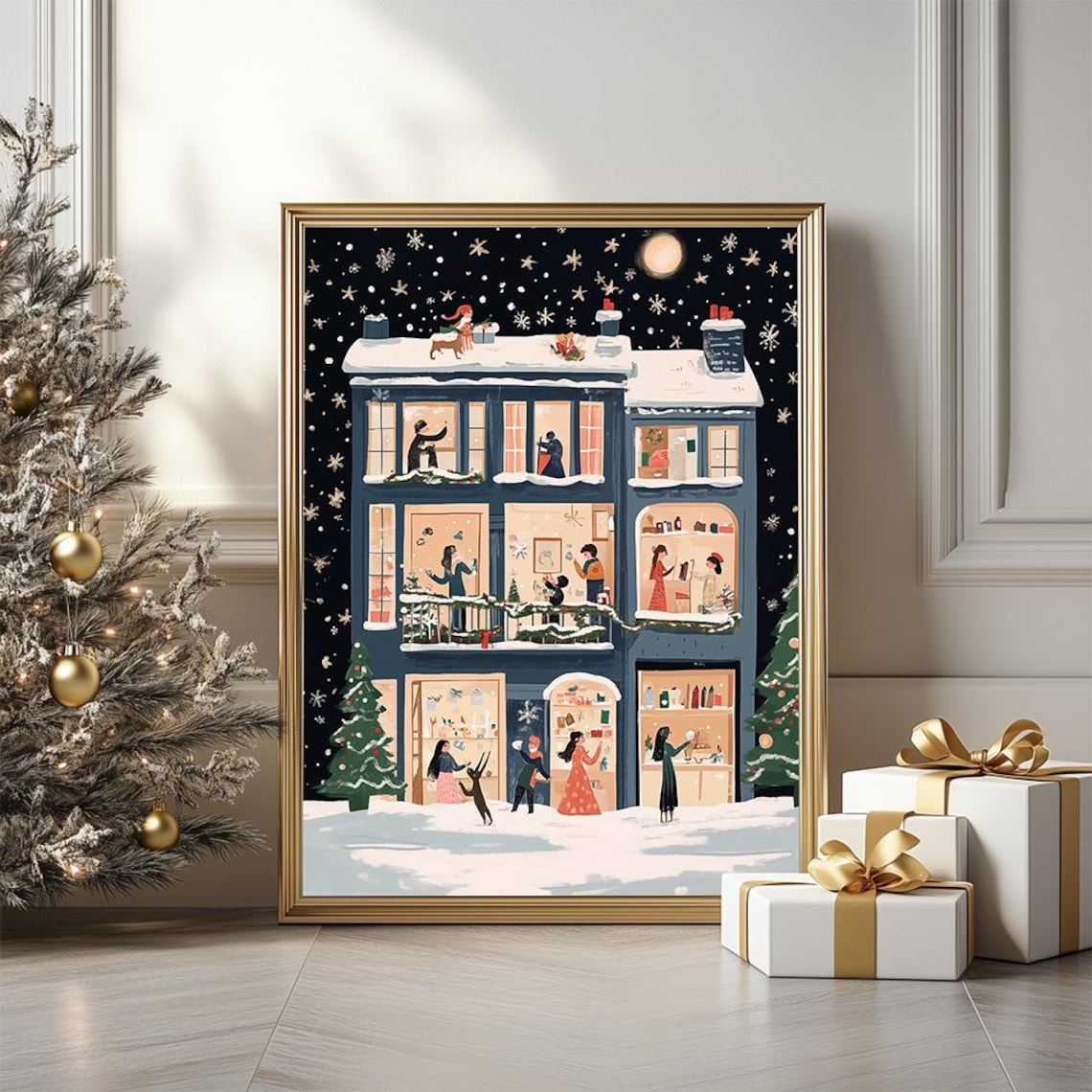 Snowy Winter Apartment Building Night Scene Moon Painting Poster