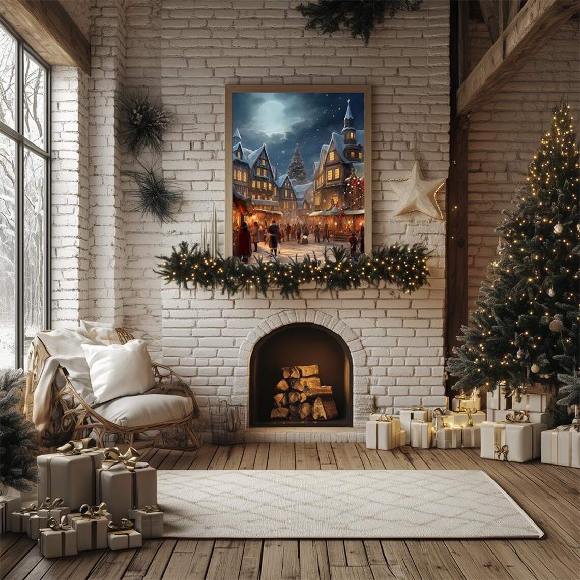 Snowy Old Village Christmas Market Moonlit Night Scene Art Poster - Image 2