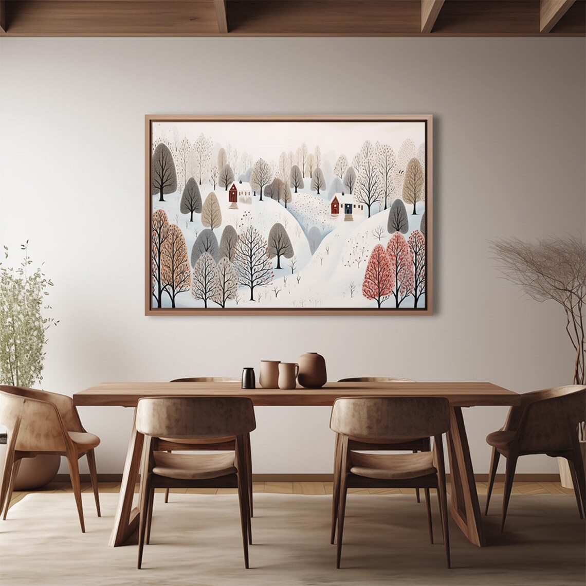 Nordic Snowy Forest Village With Red Houses Minimal Winter Poster - Image 2