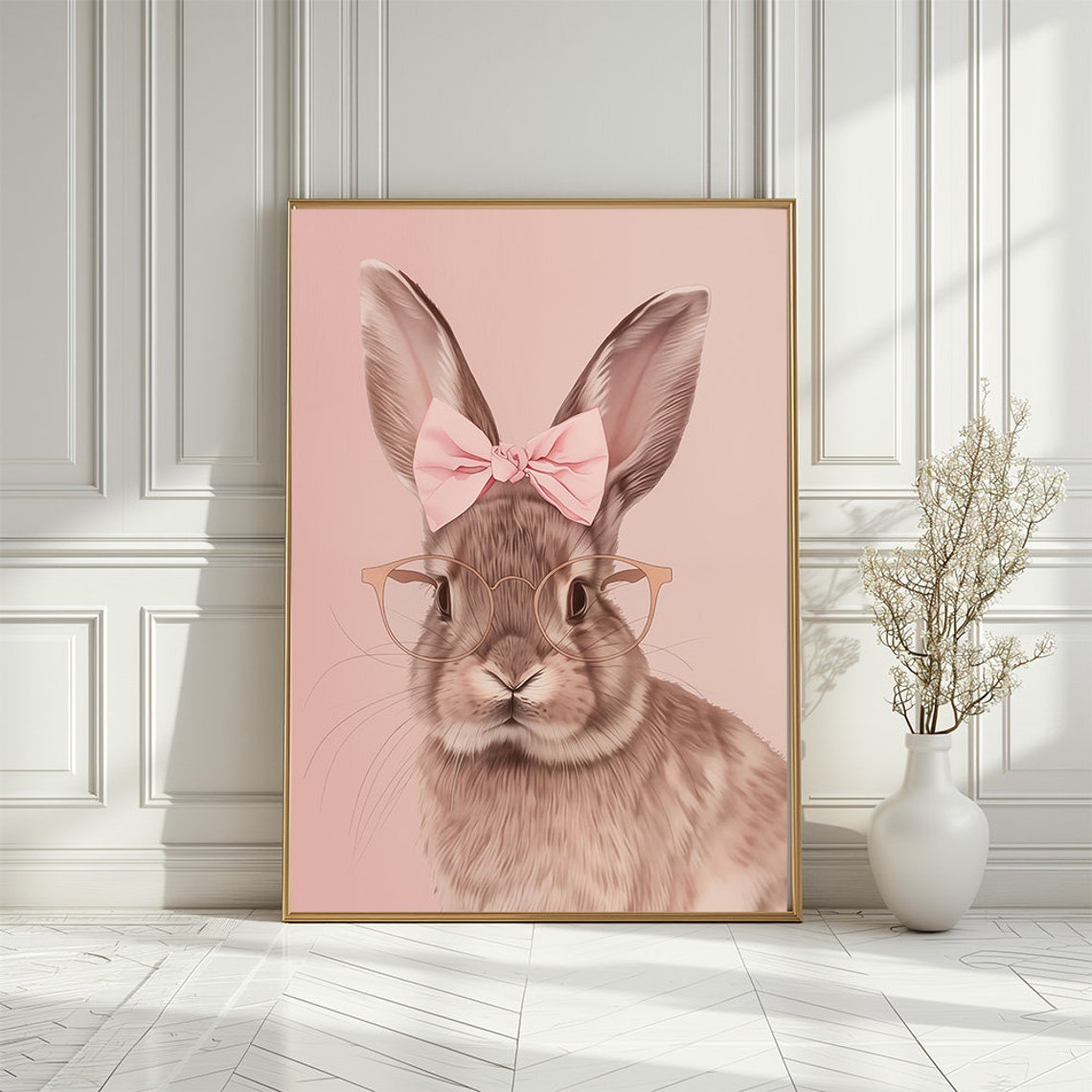 Cute Bunny With Bow And Eyeglasses Soft Pink Nursery Wall Poster - Image 3