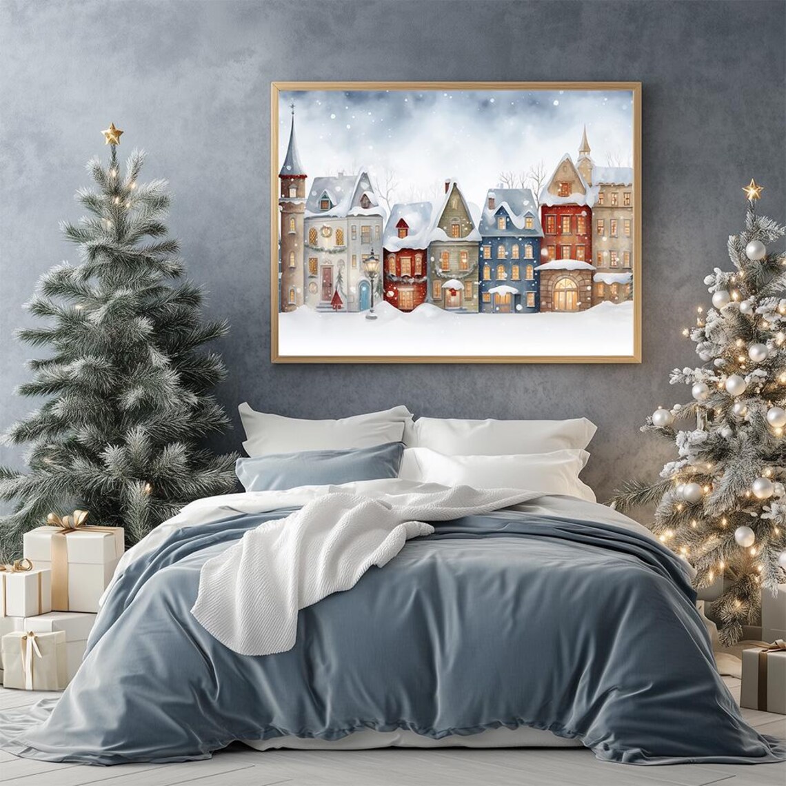 Snowy Christmas Village Townhouses Watercolor Cozy Winter Poster - Image 3