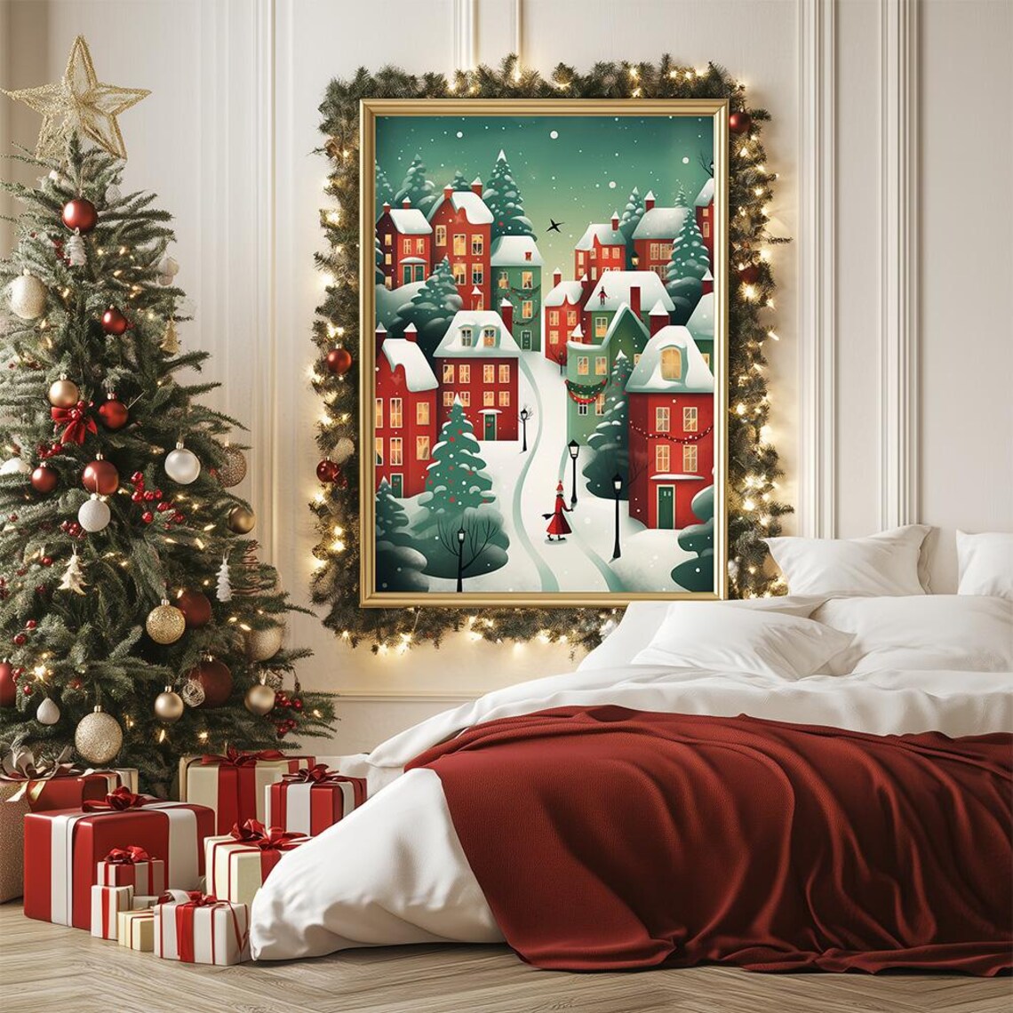 Minimalist Snowy Christmas Village Red Houses Pine Trees Art Print - Image 3