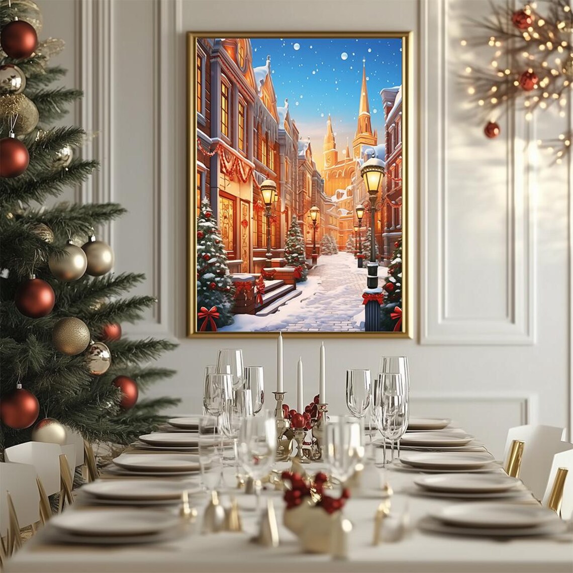 Festive Winter Street Snowy Christmas Town Lamplight Cathedral Poster - Image 3