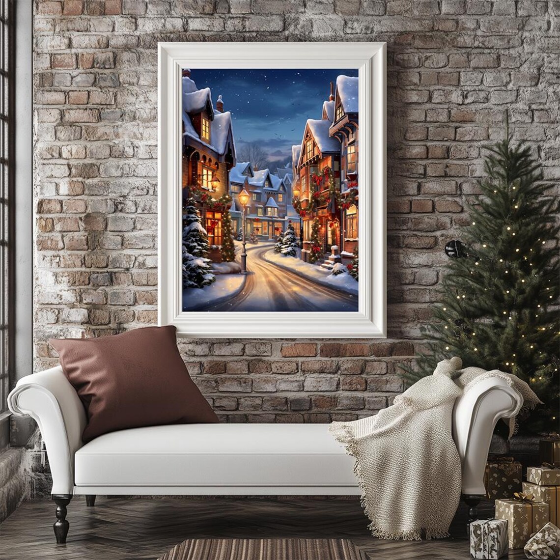 Snowy Christmas Village Street Scene Festive Night Winter Town Poster - Image 2