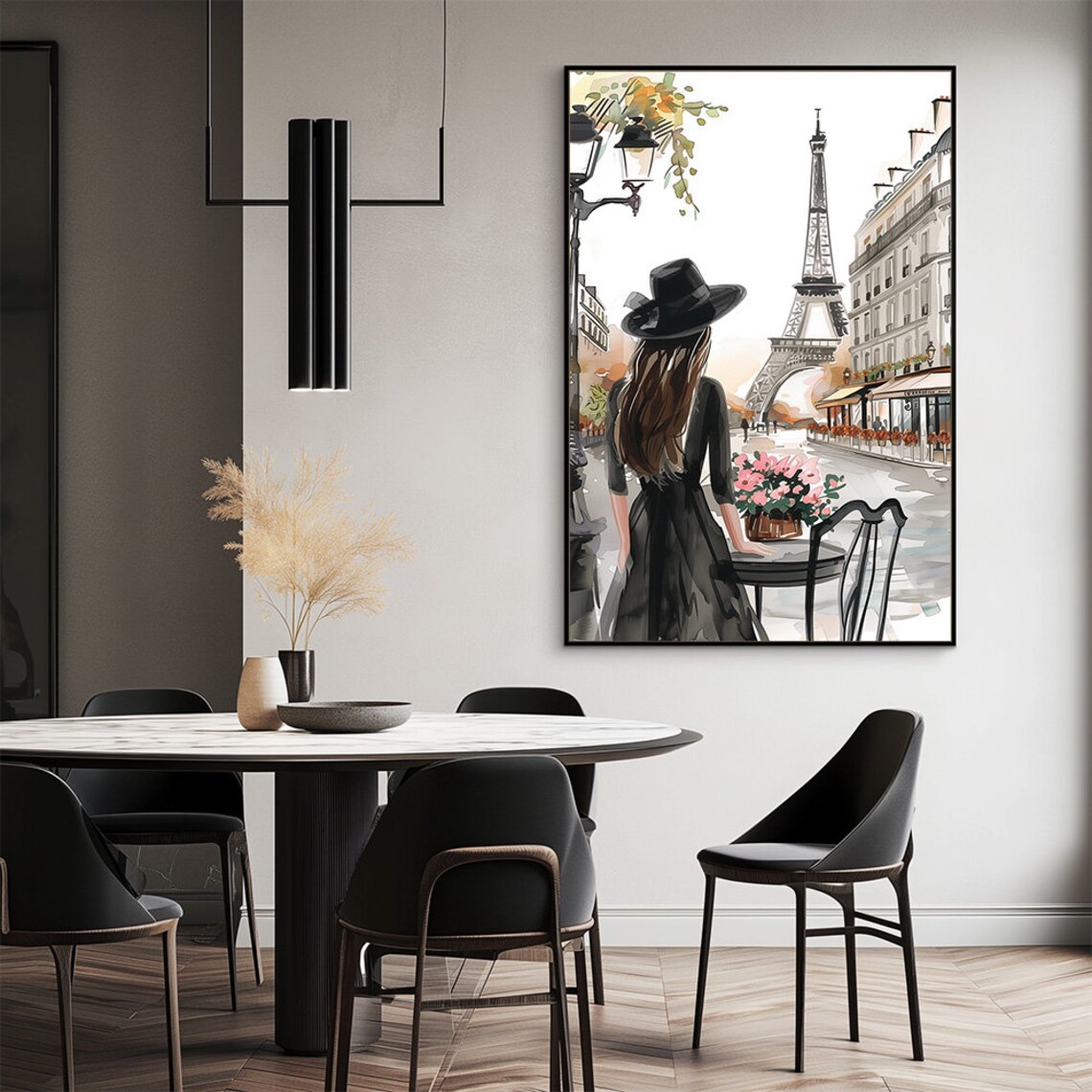 Stylish Girl In Paris Eiffel Tower Watercolor Illustration Wall Poster - Image 2
