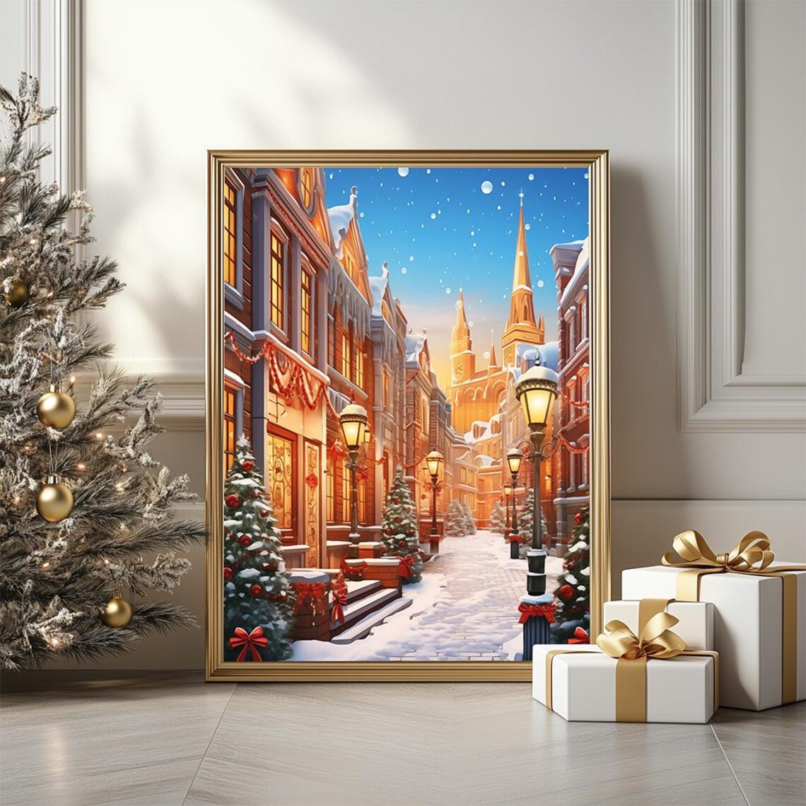 Festive Winter Street Snowy Christmas Town Lamplight Cathedral Poster