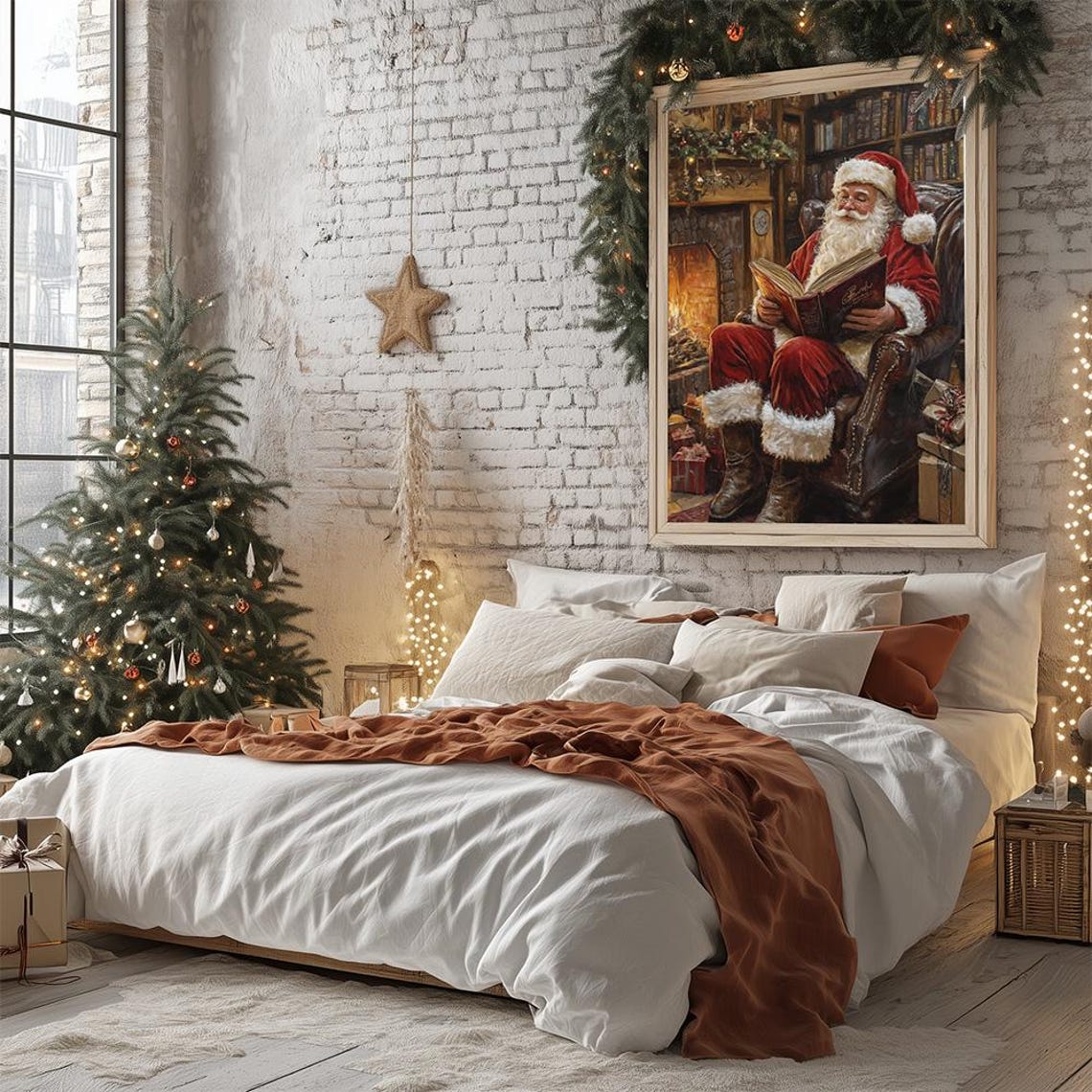 Vintage Santa Claus Reading by the Fireplace Christmas Art Poster - Image 2