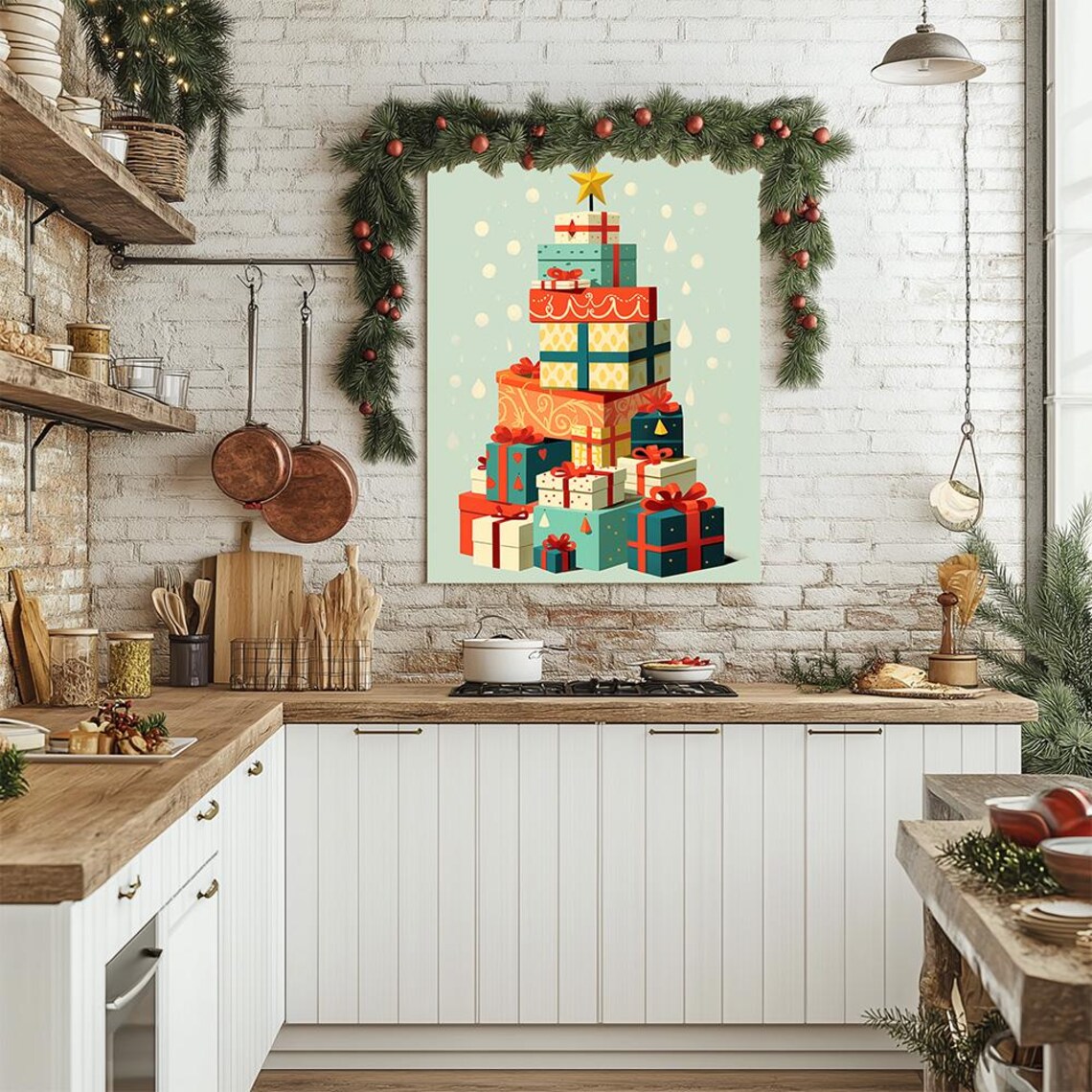 Stacked Christmas Gifts Tree Retro Holiday Gold Star Art Poster - Image 2