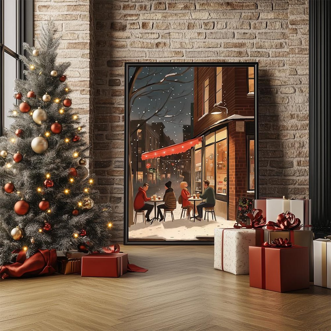 Snowy Night City Cafe With Red Awning Outdoor Tables Winter Poster - Image 3