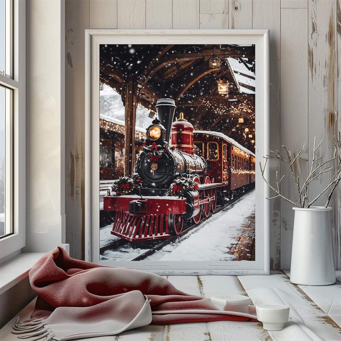 Vintage Christmas Steam Train Snowy Station Holiday Art Poster - Image 3
