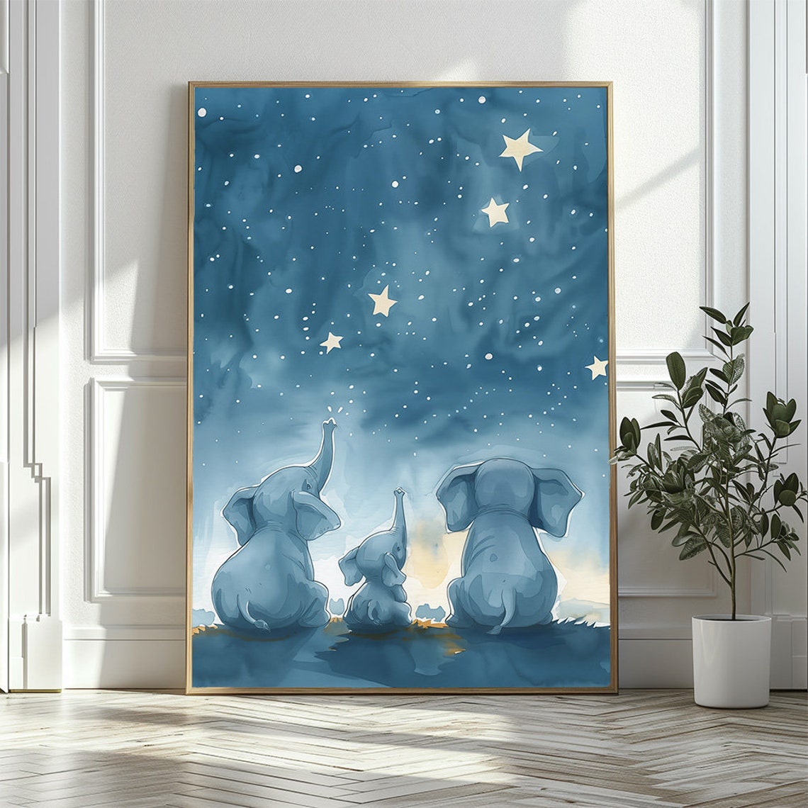 Adorable Elephant Family Starry Sky Nursery Print Cute Animals Looking Sky Magical Poster Perfect Blue Nursery Decor - Image 2