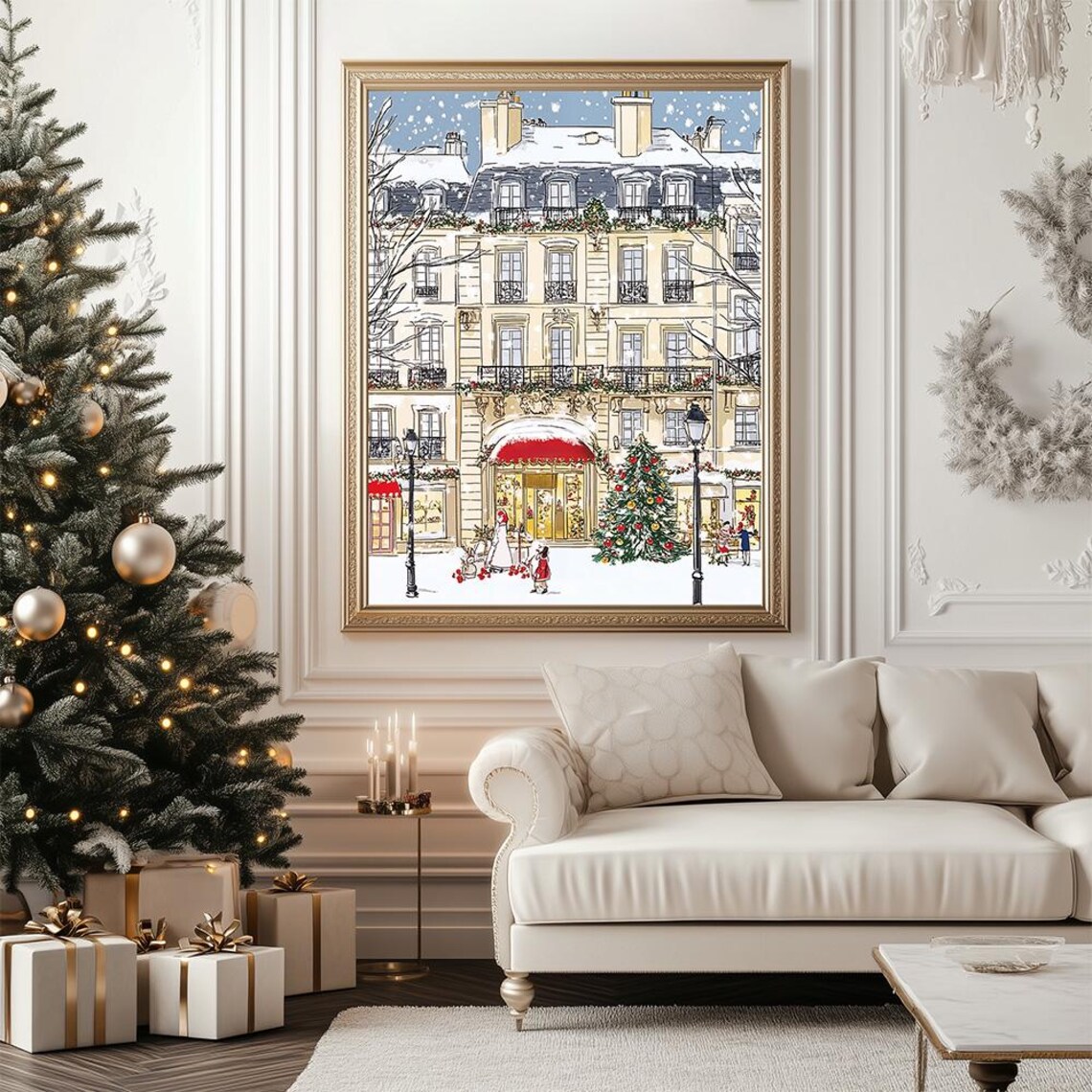 Parisian Building Christmas Snow Illustration Holiday Wall Art - Image 3