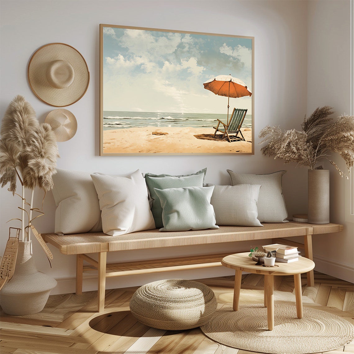 Retro Beach Chair Umbrella Ocean Waves Vintage Seaside Art Poster - Image 3