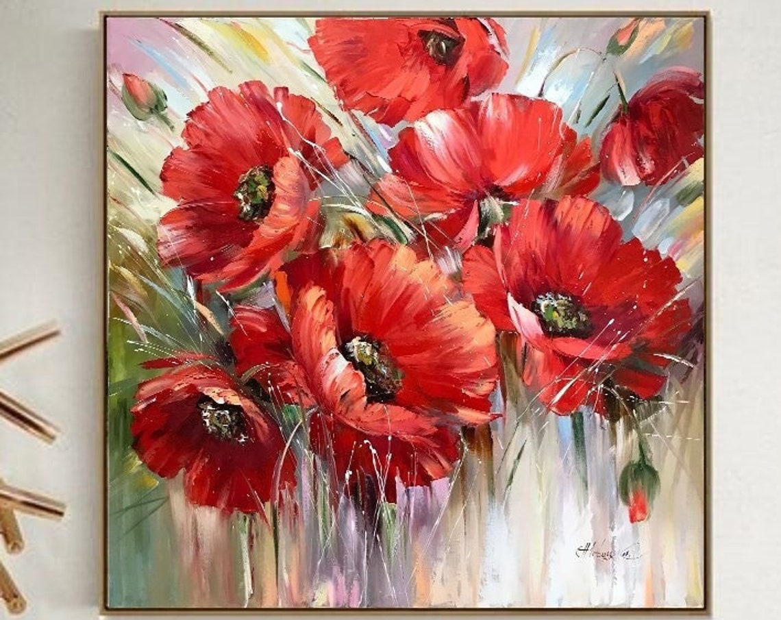 Abstract Poppy Painting On Aesthetic Painting 30x30 Above Bed Decor Square Art California Poppies Gifts Red Flowers Painting 36x36