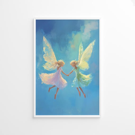 Flying Fairy Girls Poster, Whimsical Nursery Decor