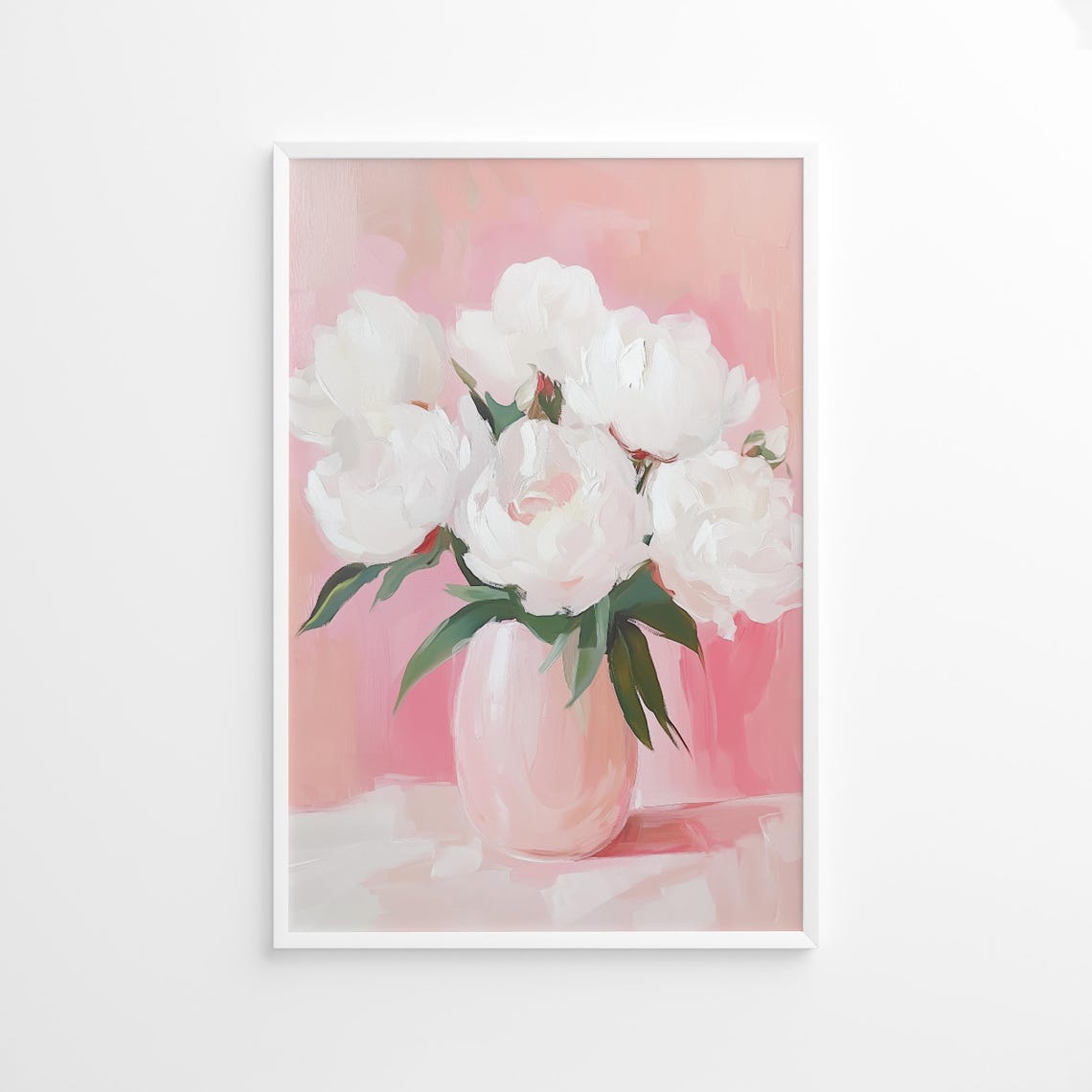 White Peony Blossoms in Pink Vase Pastel Botanical Art Print