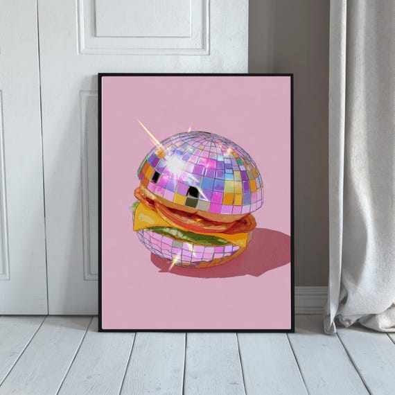 Disco Burger Art Print Retro Funky Mirrorball Cheeseburger Illustration Colorful Pop Kitchen Decor 70s Wall Fun Quirky