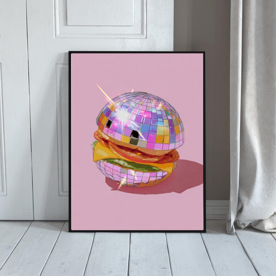 Disco Burger Mirrorball Retro Funky Cheeseburger Pop Art Poster