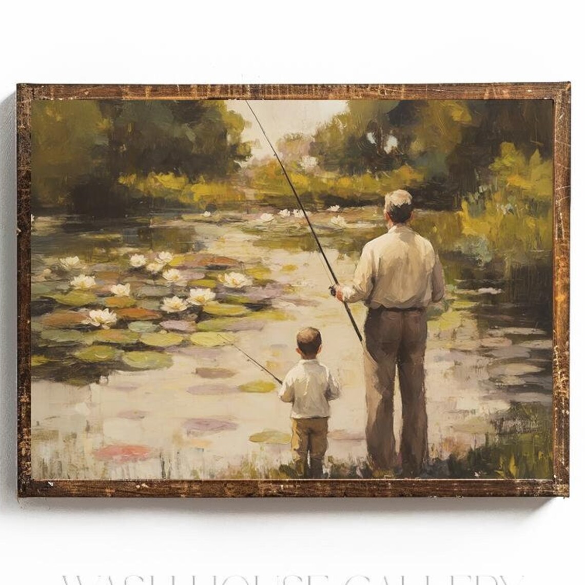 Grandfather And Grandson Fishing At Lily Pond Vintage Poster