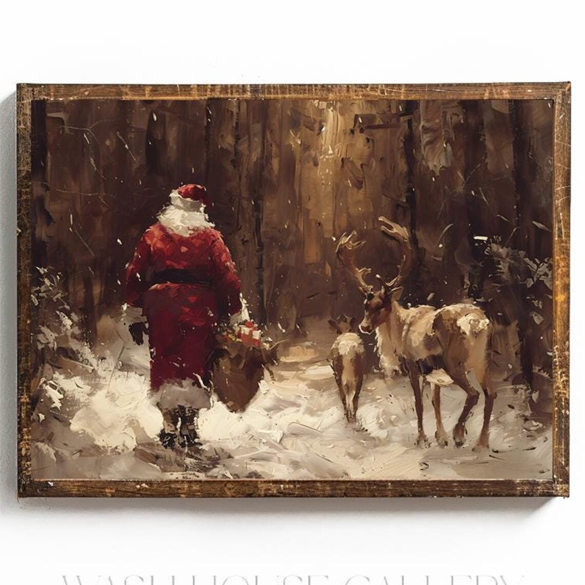 Santa Claus with Reindeer in Snowy Winter Forest Painting Poster