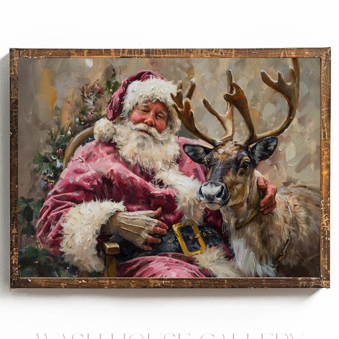 Santa And Reindeer Christmas Wall Art Vintage Christmas Painting Print Pink Santa Claus And Reindeer Wall Art Pink Christmas Decor