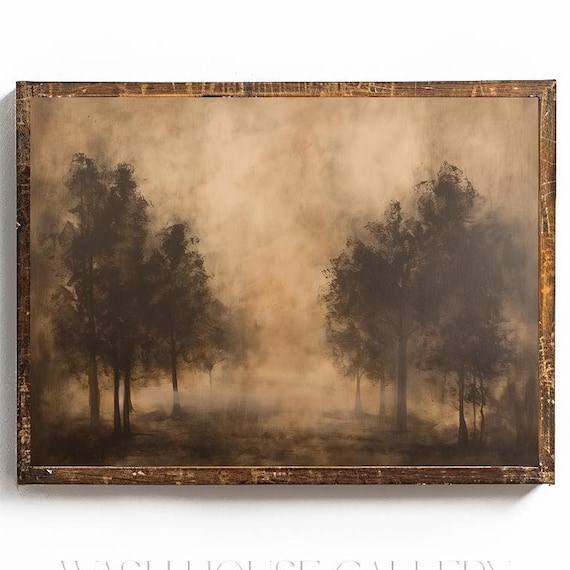 Foggy Sepia Forest Clearing with Tall Trees Moody Tonal Landscape Poster
