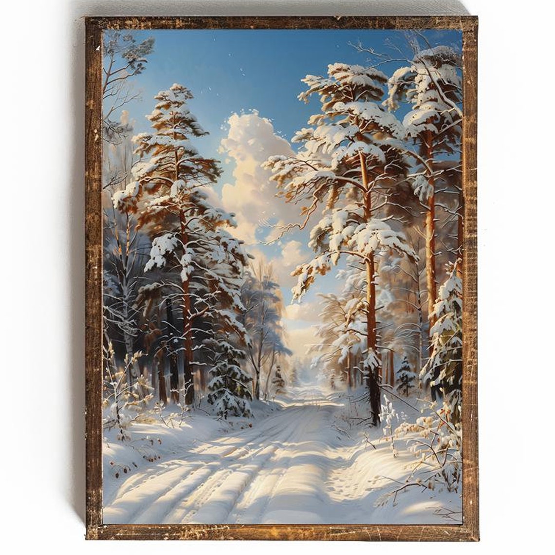 Snowy Pine Forest with Sunlit Path Winter Wonderland Art Poster