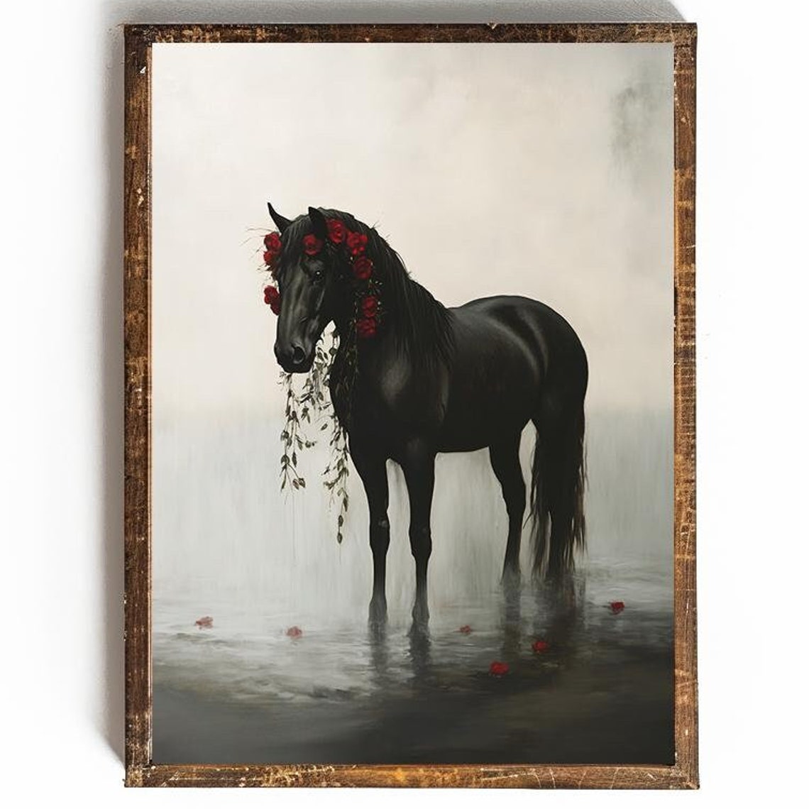Black Horse Adorned With Red Roses Standing In Misty Water Poster