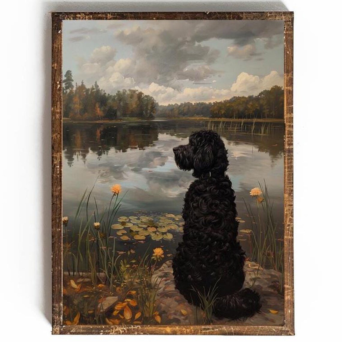 Black Curly Dog Sitting By Autumn Lake Lily Pads Vintage Poster